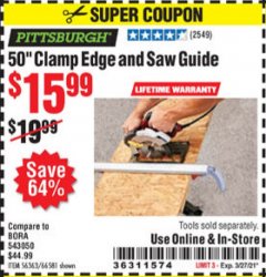 Harbor Freight Coupon 50 CLAMP EDGE AND SAW GUIDE Lot No. 56363/66581 Expired: 3/27/21 - $15.99