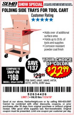 Harbor Freight Coupon FOLDING SIDE TRAYS FOR TOOL CART Lot No. 56443/64641/64642/64724/64725/64726/62207 Expired: 11/24/19 - $22.99