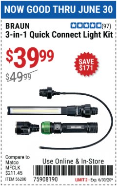 Harbor Freight Coupon BRAUN 3-IN-1 QUICK CONNECT LIGHT KIT Lot No. 56200 Expired: 6/30/20 - $39.99