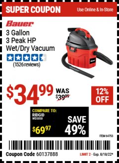 Harbor Freight Coupon BAUER 3 GALLON WET/DRY VACUUM Lot No. 64753 Expired: 8/18/22 - $34.99