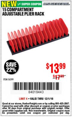 Harbor Freight Coupon U.S. GENERAL 15 COMPARTMENT ADJUSTABLE PLIER RACK Lot No. 56399 Expired: 12/1/19 - $13.99