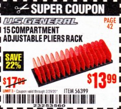 Harbor Freight Coupon US GENERAL 15 COMPARTMENT ADJUSTABLE PLIER RACK Lot No. 56399 Expired: 2/29/20 - $13.99
