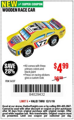 Harbor Freight Coupon WOODEN RACE CAR Lot No. 56537 Expired: 12/1/19 - $4.99