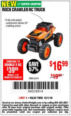 Harbor Freight Coupon ROCK CRAWLER RC TRUCK Lot No. 56514 Expired: 12/1/19 - $16.99