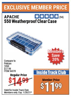 Harbor Freight ITC Coupon 550 APACHE WEATHERPROOF CLEAR CASE Lot No. 56378 Expired: 1/28/21 - $11.99