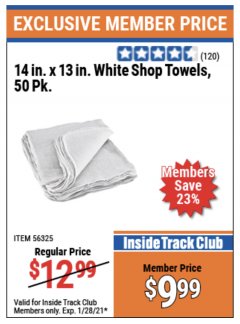 Harbor Freight ITC Coupon SHOP TOWELS, 14 IN. X 13 IN., 50-PACK Lot No. 56325/63365/63360 Expired: 1/28/21 - $9.99