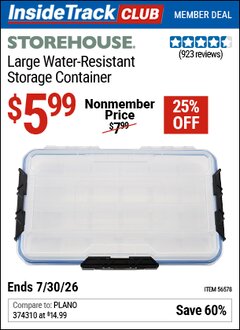 Harbor Freight ITC Coupon STOREHOUSE LARGE WATER-RESISTANT STORAGE CONTAINER Lot No. 56578 Valid Thru: 7/30/26 - $5.99