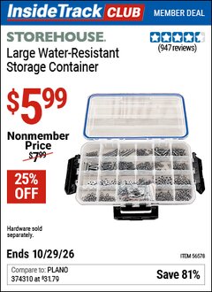 Harbor Freight ITC Coupon STOREHOUSE LARGE WATER-RESISTANT STORAGE CONTAINER Lot No. 56578 Valid Thru: 10/29/26 - $5.99