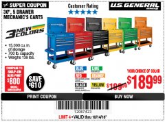 Harbor Freight Coupon 30", 5 DRAWER MECHANIC'S CARTS (RED, BLUE & BLACK) Lot No. 64031/64033/64032/64030/61427/64059/64060/64061/63308/95272 Expired: 10/14/18 - $189.99