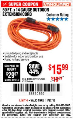 Harbor Freight Coupon 50FT. X 14 GAUGE OUTDOOR EXTENSION CORD Lot No. 41447 Expired: 11/27/19 - $15.99