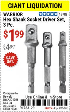 Harbor Freight Coupon 3 PIECE HEX SHANK SOCKET DRIVER SET Lot No. 63909/63928/68513 Expired: 9/30/20 - $1.99