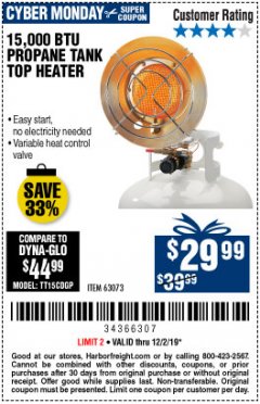 Harbor Freight Coupon 15,000 BTU PROPANE TANK TOP HEATER Lot No. 63073 Expired: 12/2/19 - $29.99
