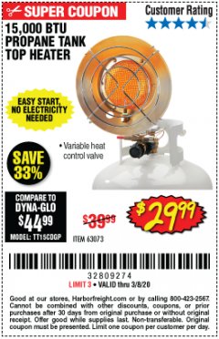 Harbor Freight Coupon 15,000 BTU PROPANE TANK TOP HEATER Lot No. 63073 Expired: 2/8/20 - $29.99