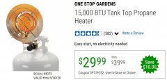 Harbor Freight Coupon 15,000 BTU PROPANE TANK TOP HEATER Lot No. 63073 Expired: 6/30/20 - $29.99