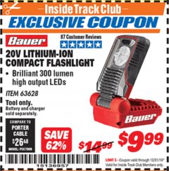 Harbor Freight ITC Coupon 20V LITHIUM-ION COMPACT FLASHLIGHT Lot No. 63628 Expired: 12/31/19 - $9.99