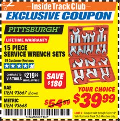 Harbor Freight ITC Coupon 15 PIECE SERVICE WRENCH SETS Lot No. 93667/93668 Expired: 12/31/19 - $39.99