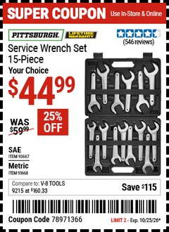 Harbor Freight Coupon PITTSBURGH SERVICE WRENCH SET, 15-PIECE Lot No. 93667/93668 Valid Thru: 10/25/26 - $44.99