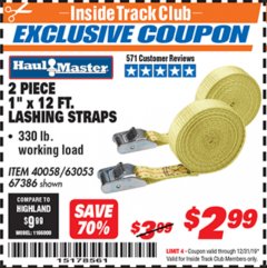 Harbor Freight ITC Coupon 2 PIECE 1" X 12 FT. LASHING STRAPS Lot No. 40058/63053/67386 Expired: 12/31/19 - $2.99