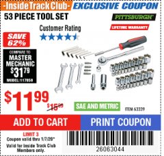 Harbor Freight ITC Coupon 53 PIECE TOOL SET Lot No. 63339 Expired: 1/7/20 - $11.99