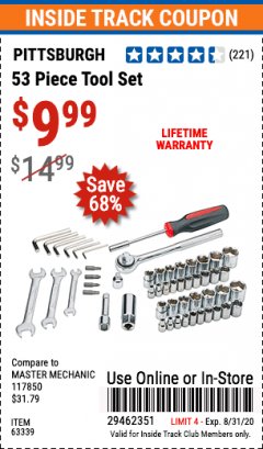 Harbor Freight ITC Coupon 53 PIECE TOOL SET Lot No. 63339 Expired: 8/31/20 - $9.99