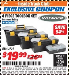 Harbor Freight ITC Coupon VOYAGER TOOLBOX SET, 4-PIECE Lot No. 3721 Expired: 6/30/18 - $19.99