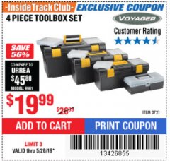Harbor Freight ITC Coupon VOYAGER TOOLBOX SET, 4-PIECE Lot No. 3721 Expired: 5/28/19 - $19.99