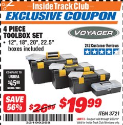 Harbor Freight ITC Coupon 4 PIECE TOOLBOX SET Lot No. 3721 Expired: 9/30/19 - $19.99