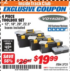 Harbor Freight ITC Coupon VOYAGER TOOLBOX SET, 4-PIECE Lot No. 3721 Expired: 9/30/19 - $19.99