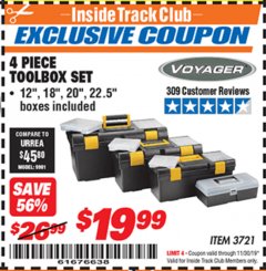 Harbor Freight ITC Coupon 4 PIECE TOOLBOX SET Lot No. 3721 Expired: 11/30/19 - $19.99