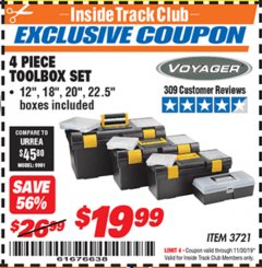Harbor Freight ITC Coupon VOYAGER TOOLBOX SET, 4-PIECE Lot No. 3721 Expired: 11/30/19 - $19.99