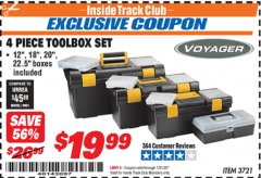 Harbor Freight ITC Coupon VOYAGER TOOLBOX SET, 4-PIECE Lot No. 3721 Expired: 1/31/20 - $19.99