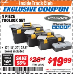 Harbor Freight ITC Coupon 4 PIECE TOOLBOX SET Lot No. 3721 Expired: 3/31/20 - $19.99