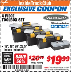 Harbor Freight ITC Coupon VOYAGER TOOLBOX SET, 4-PIECE Lot No. 3721 Expired: 3/31/20 - $19.99