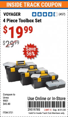 Harbor Freight ITC Coupon VOYAGER TOOLBOX SET, 4-PIECE Lot No. 3721 Expired: 8/31/20 - $19.99