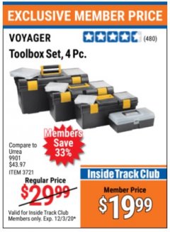 Harbor Freight ITC Coupon VOYAGER TOOLBOX SET, 4-PIECE Lot No. 3721 Expired: 12/3/20 - $19.99