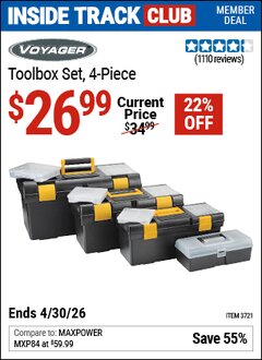 Harbor Freight Coupon VOYAGER TOOLBOX SET, 4-PIECE Lot No. 3721 Valid: 12/31/69 - 4/30/26 - $26.99