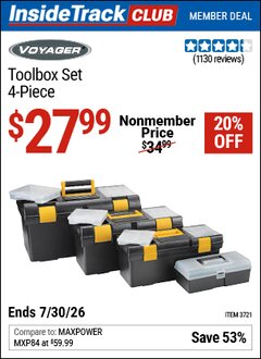 Harbor Freight ITC Coupon VOYAGER TOOLBOX SET, 4-PIECE Lot No. 3721 Valid Thru: 7/30/26 - $27.99