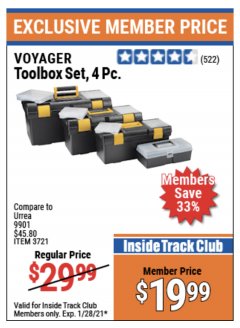 Harbor Freight ITC Coupon 4 PIECE TOOLBOX SET Lot No. 3721 Expired: 1/28/21 - $19.99
