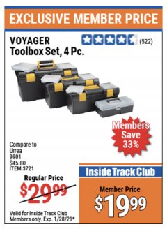Harbor Freight ITC Coupon VOYAGER TOOLBOX SET, 4-PIECE Lot No. 3721 Expired: 1/28/21 - $19.99