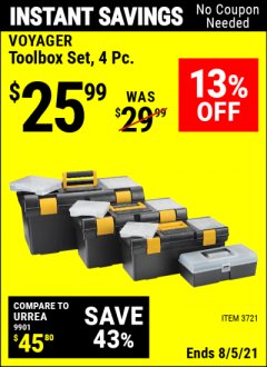 Harbor Freight Coupon 4 PIECE TOOLBOX SET Lot No. 3721 Expired: 8/5/21 - $25.99