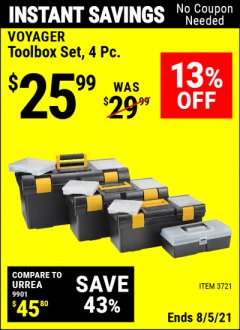Harbor Freight Coupon VOYAGER TOOLBOX SET, 4-PIECE Lot No. 3721 Expired: 8/5/21 - $25.99