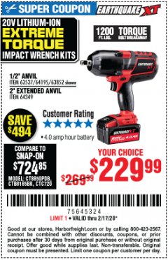 Harbor Freight Coupon 20 VOLT LITHIUM-ION CORDLESS EXTREME TORQUE 1/2" IMPACT WRENCH KIT Lot No. 63537/64195/63852/64349 Expired: 2/17/20 - $229.99