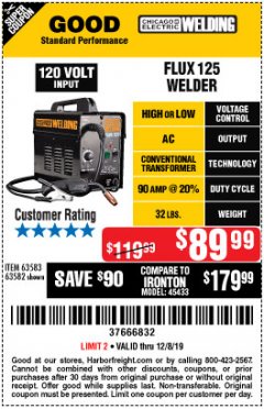 Harbor Freight Coupon CHICAGO ELECTRIC FLUX 125 WELDER Lot No. 63583/63582 Expired: 12/8/19 - $89.99