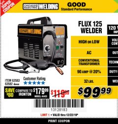 Harbor Freight Coupon CHICAGO ELECTRIC FLUX 125 WELDER Lot No. 63583/63582 Expired: 12/22/19 - $99.99
