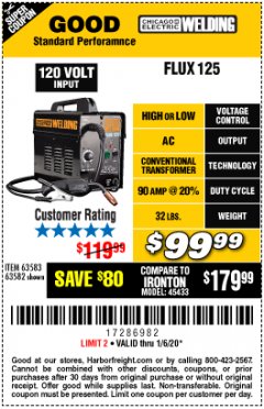 Harbor Freight Coupon CHICAGO ELECTRIC FLUX 125 WELDER Lot No. 63583/63582 Expired: 1/6/20 - $99.99