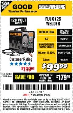 Harbor Freight Coupon CHICAGO ELECTRIC FLUX 125 WELDER Lot No. 63583/63582 Expired: 2/8/20 - $99.99