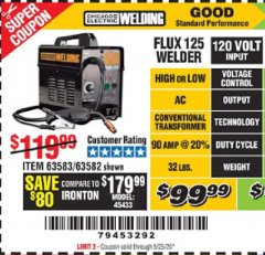 Harbor Freight Coupon CHICAGO ELECTRIC FLUX 125 WELDER Lot No. 63583, 63582 Expired: 6/30/20 - $99.99