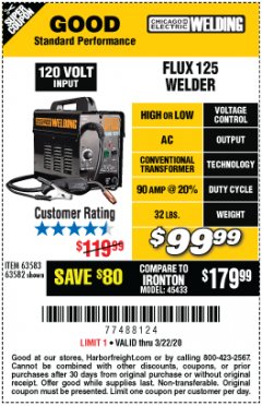 Harbor Freight Coupon CHICAGO ELECTRIC FLUX 125 WELDER Lot No. 63583/63582 Expired: 3/22/20 - $99.99