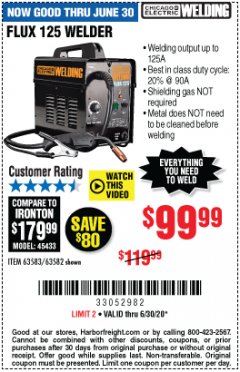 Harbor Freight Coupon CHICAGO ELECTRIC FLUX 125 WELDER Lot No. 63583/63582 Expired: 6/30/20 - $99.99