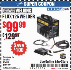 Harbor Freight Coupon CHICAGO ELECTRIC FLUX 125 WELDER Lot No. 63583, 63582 Expired: 10/19/20 - $99.99